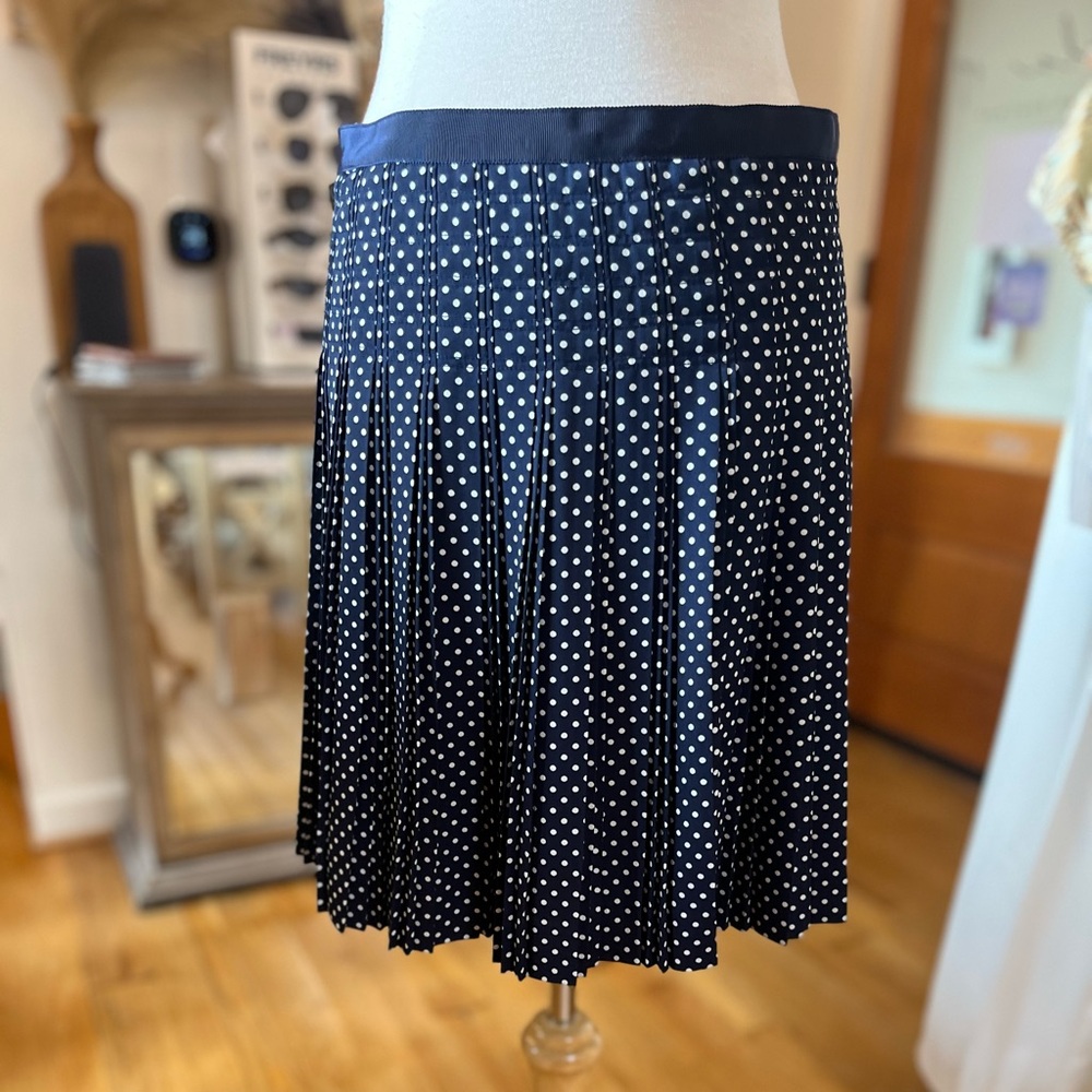 J. Crew Classic Pleated Navy & White Polka Dot Skirt, Size 4, EUC